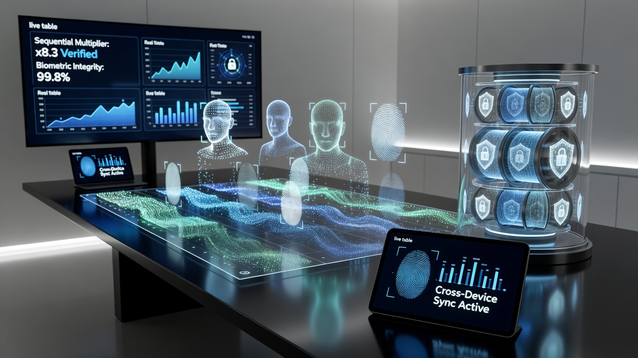 Cross-device synchronization of biometric data during live dealer and slot multiplier progression