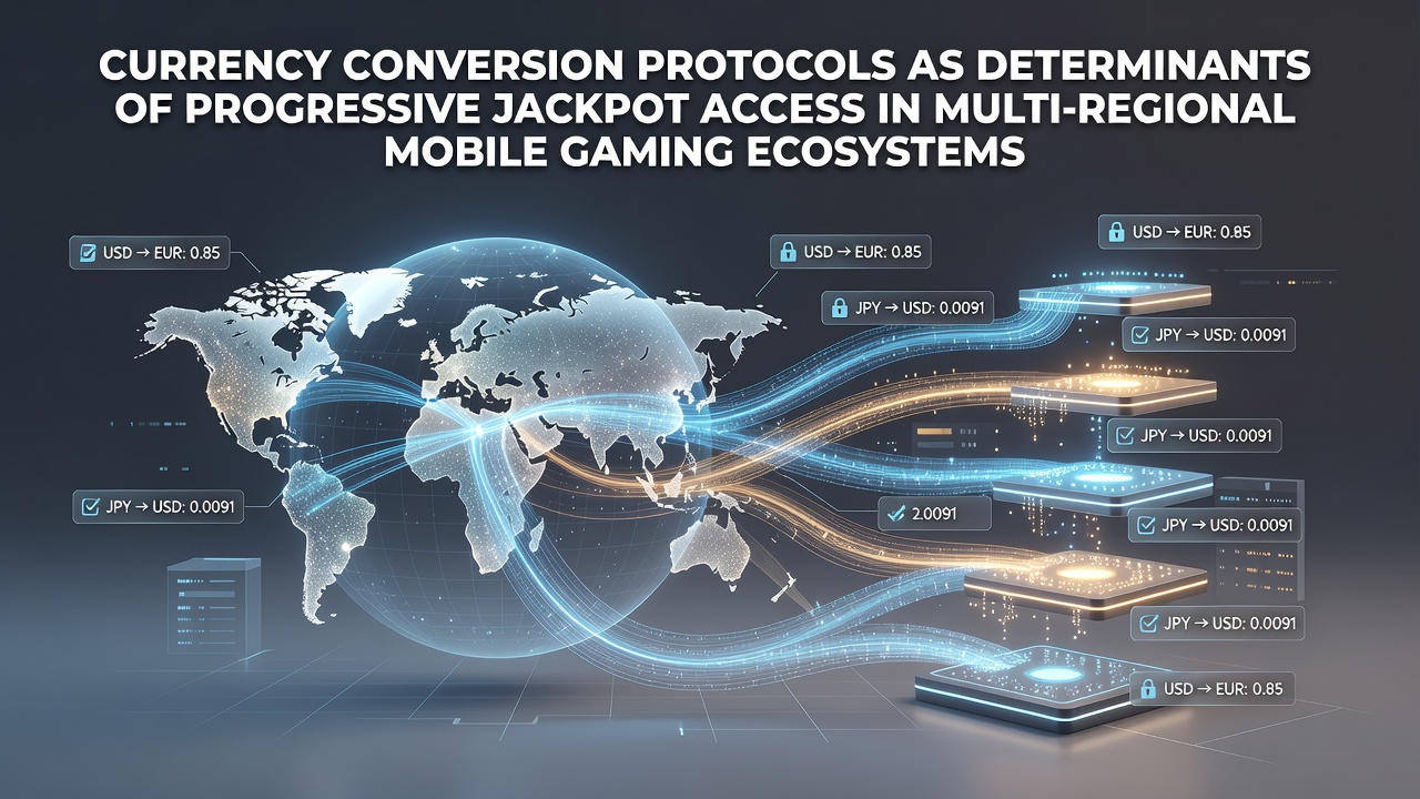 Illustration of currency conversion protocols in multi-regional mobile gaming platforms showing exchange rates and jackpot interfaces