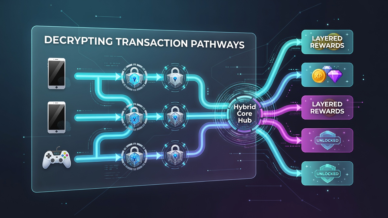 Illustration of layered reward structures activated by mobile transaction pathways