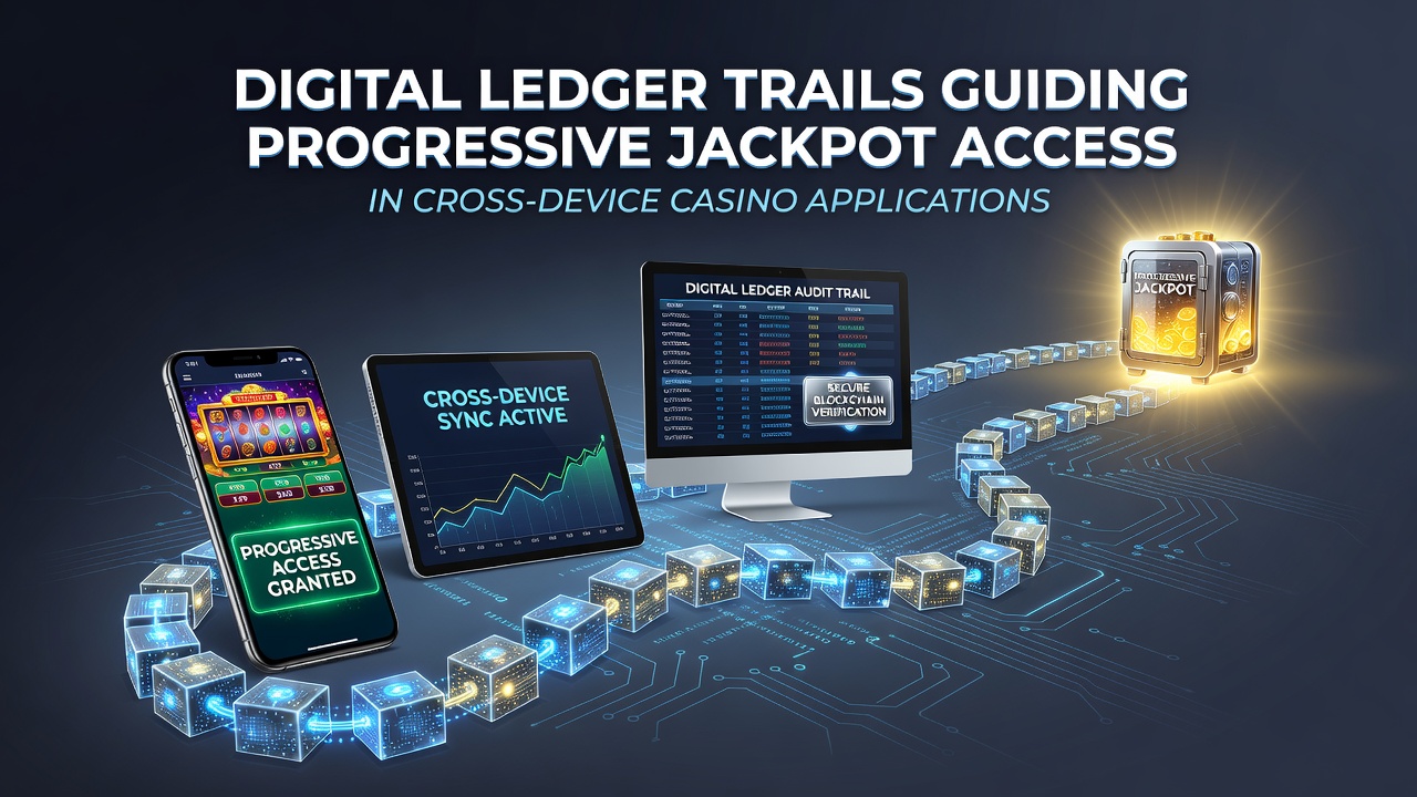 Cross-device casino application screens illustrating ledger-based jackpot eligibility verification