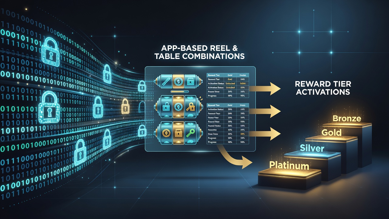 Mobile app interface displaying encrypted reward tier progression in reel and table game combinations