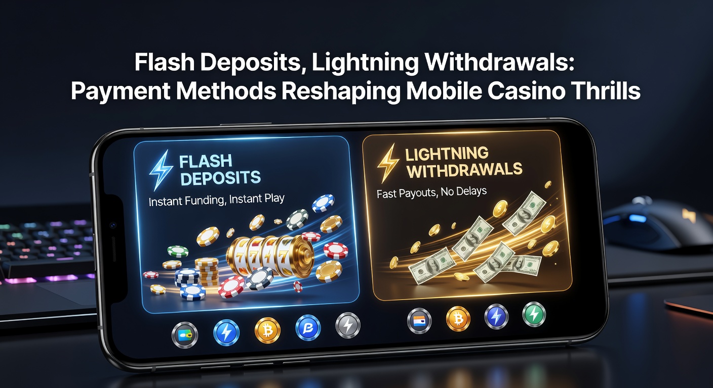 Illustration of diverse payment icons including e-wallets, crypto wallets, and bank apps converging on a mobile casino interface with speed lines indicating rapid transactions