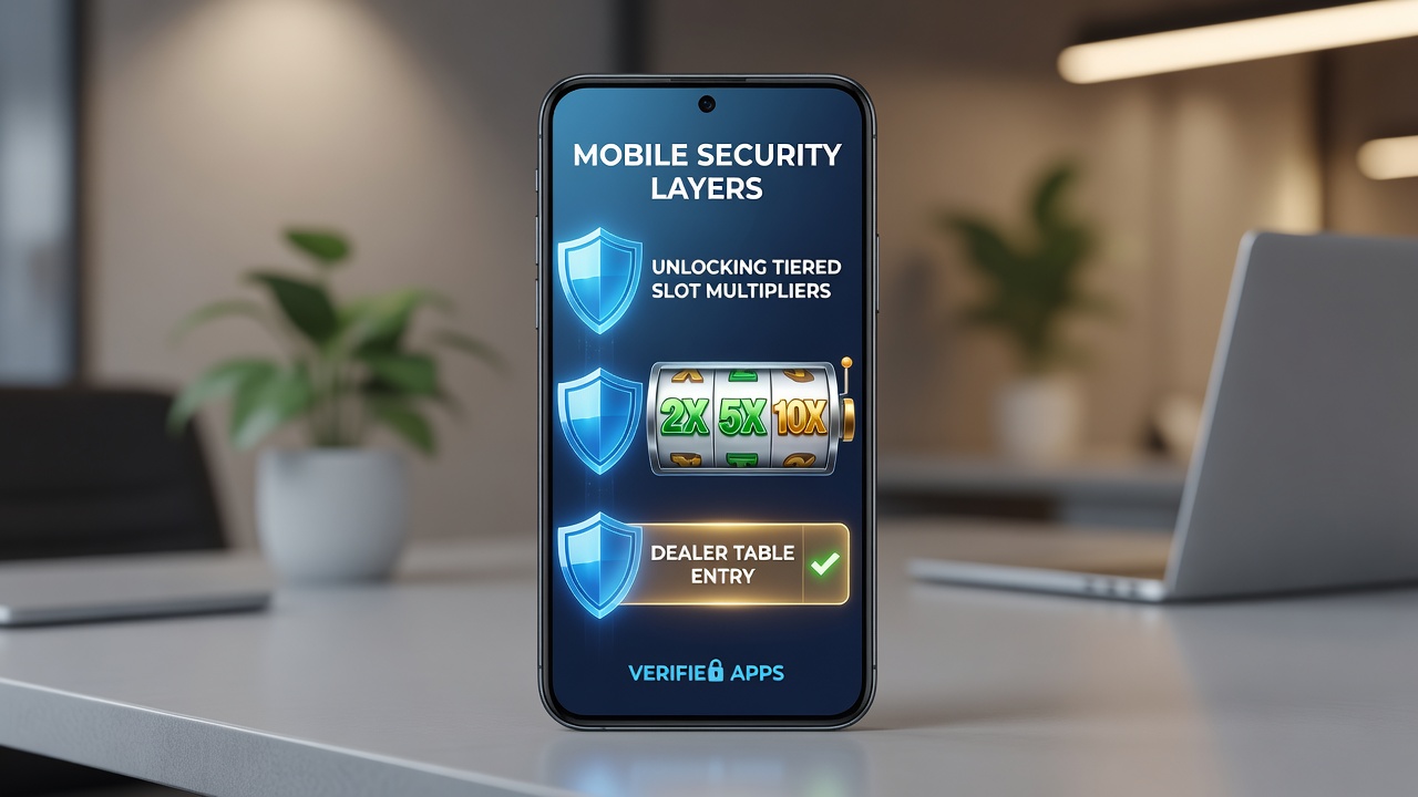 Illustration of mobile security layers protecting slot multipliers and dealer table access in verified apps