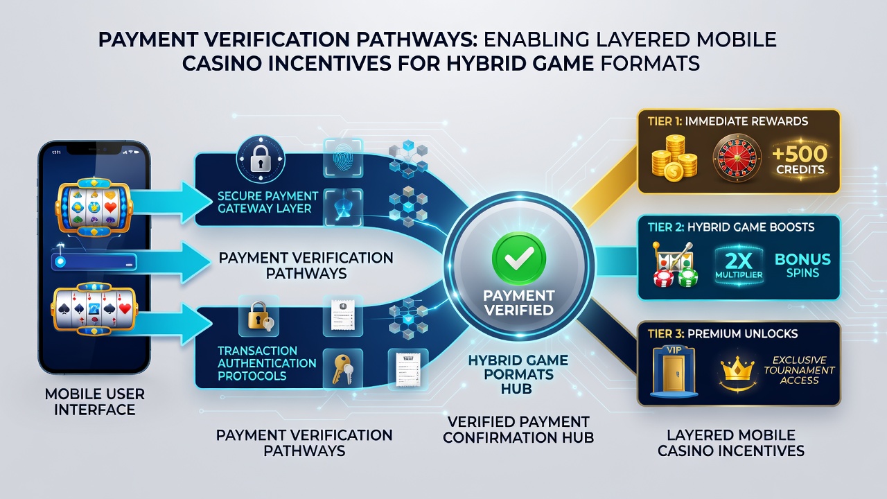 Mobile interface showing layered incentives unlocked via payment verification in hybrid casino games