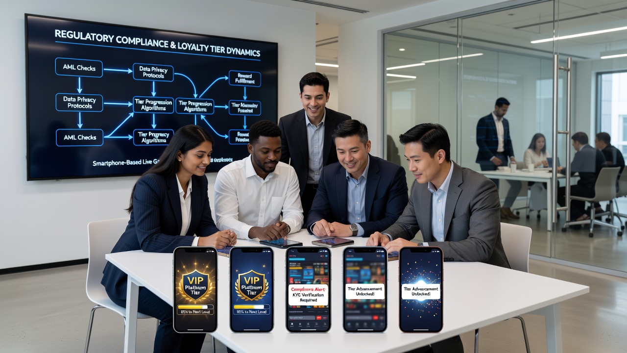 Mobile app screen showing loyalty tier progression alongside compliance verification prompts