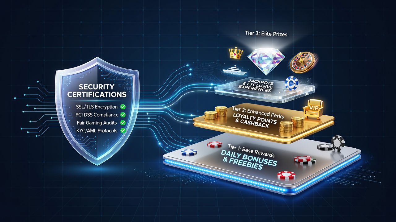 Layered reward dashboard with certification badges and player progression indicators