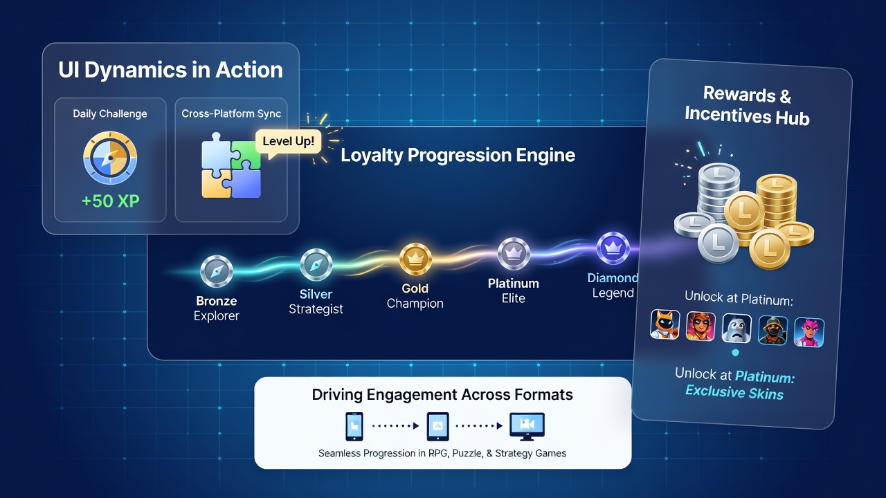 Cross-platform mobile game loyalty screen displaying tier benefits and progression path